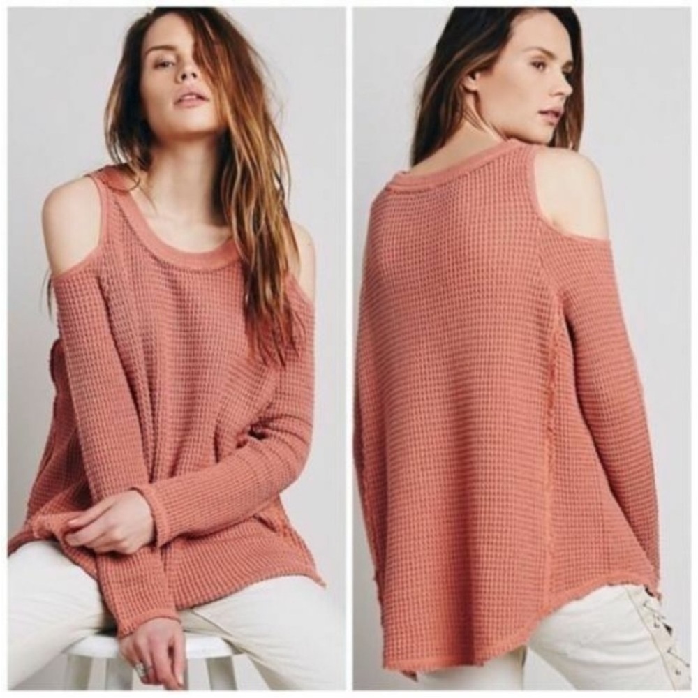 Free People Sunrise Sunset Cold Shoulder Waffle Knit Tunic Sweater SIZE XS